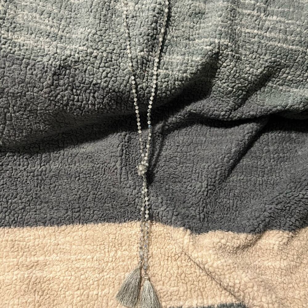 Gray Beaded Tassel Necklace Long Double Tassel Boho Layering Statement Jewelry